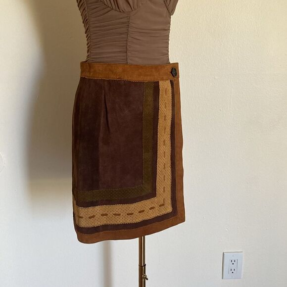 Vintage Brown & Tan Multi-panel Genuine Suede Leather Mini Wrap Skirt Size Small - Picture 4 of 14